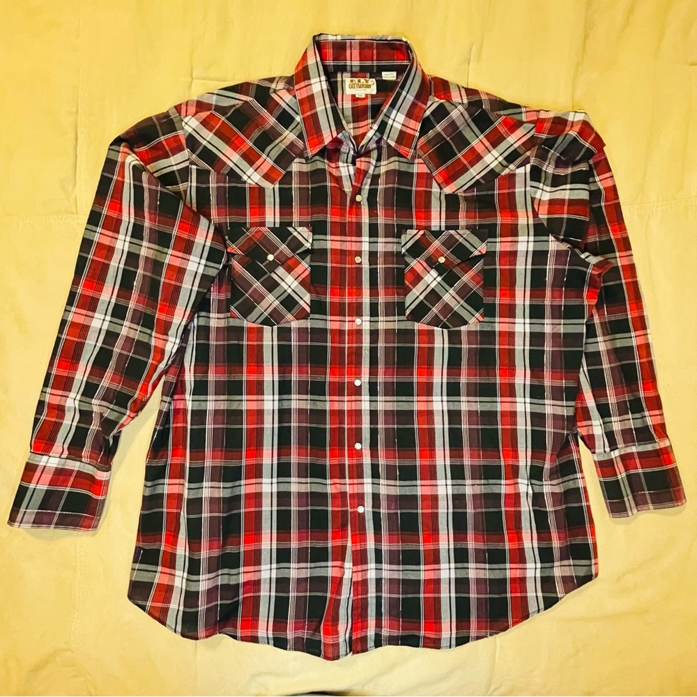 Ely Cattleman Pearl Snap Shirt Mens XL Red Black Plaid Western Cowboy Rodeo Farm